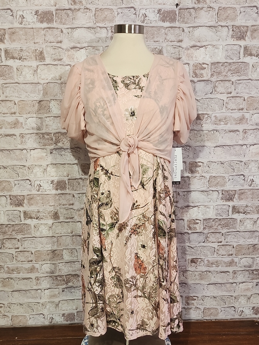 Perceptions NY 2-Pc Floral Lace Midi Dress & Sheer Bolero Shrug Set - Blush Pink